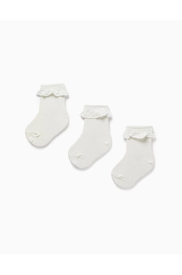 Pack of 3 Pairs of Socks with Broderie Anglaise for Baby Girls, White