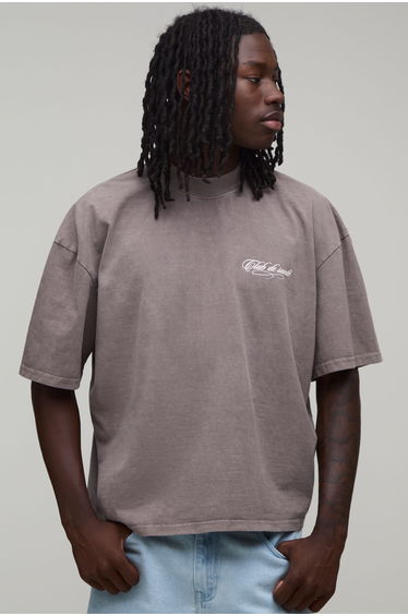 Washed Chocolate Oversized Boxy Club De Sante Print T-Shirt - washed chocolate