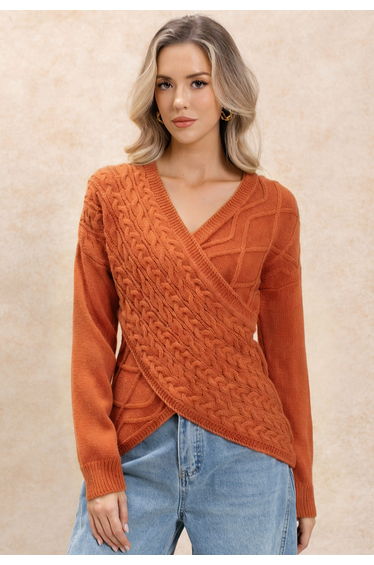 Intricate Crisscross Cable Knit Sweater in Orange