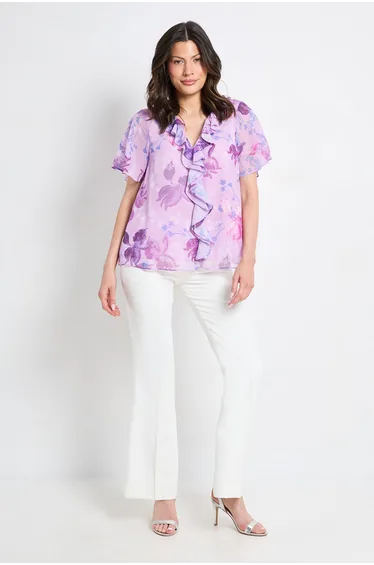 Floral Ruffle Front Short Sleeve Top