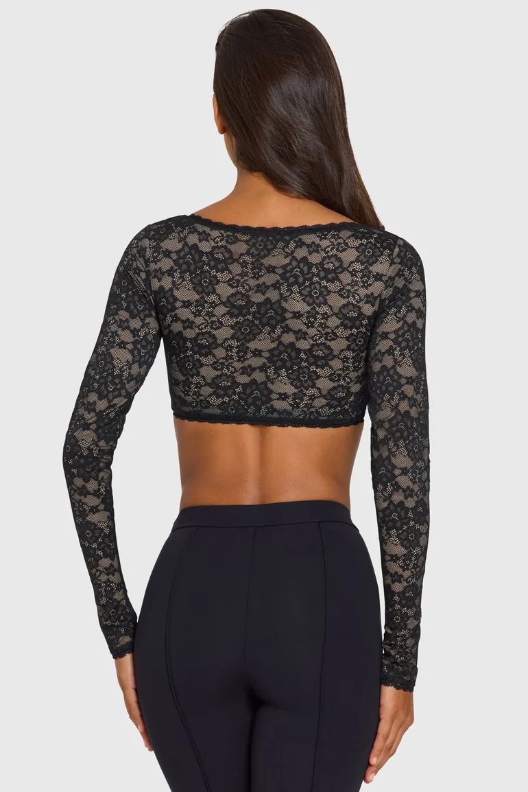 Lace Long-Sleeve Crop Top in Black - 3