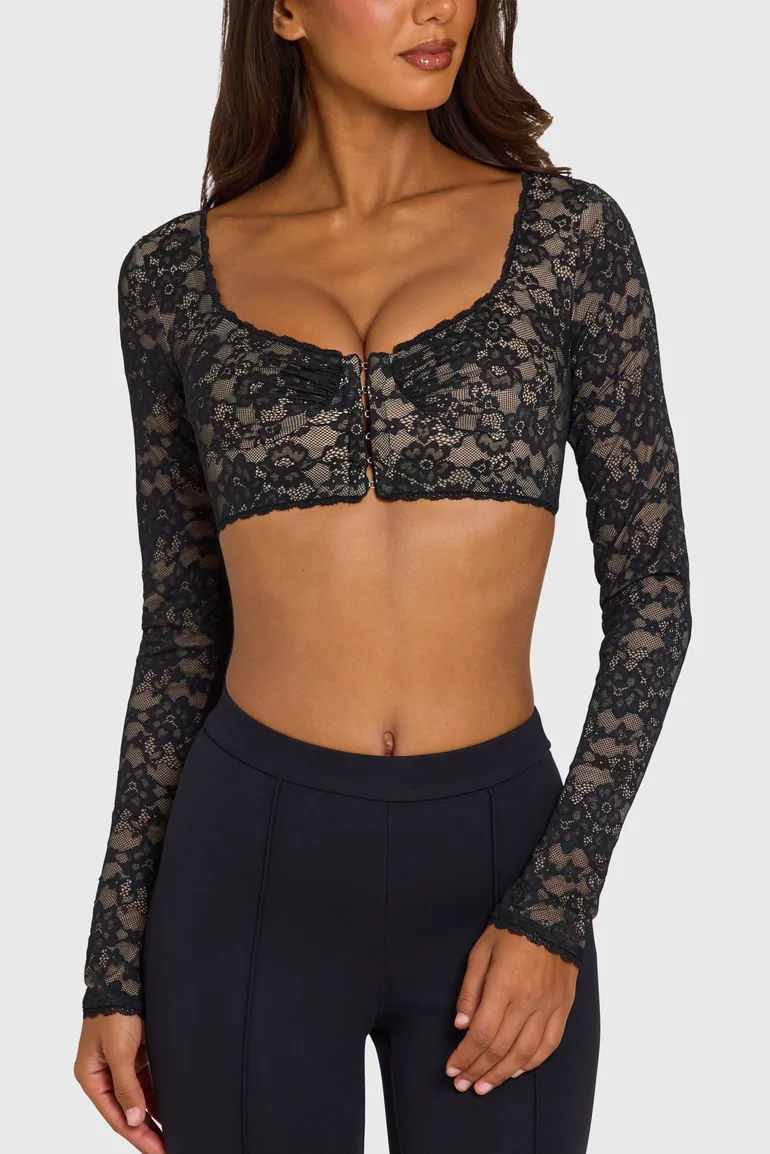 Lace Long-Sleeve Crop Top in Black - 4