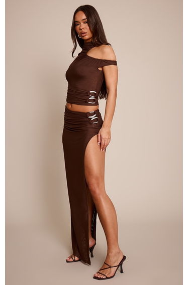 Chocolate Double Layer Mesh Trim Detail Maxi Skirt