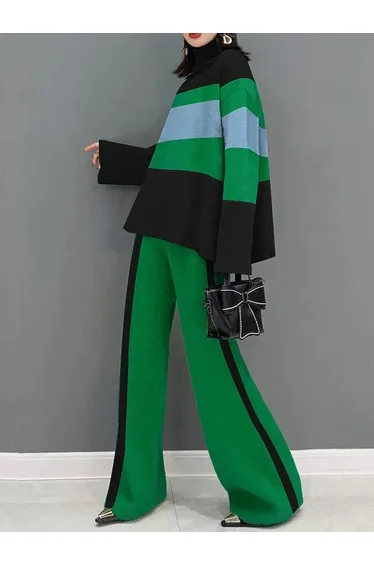 Flared Sleeves High-Low Contrast Color Split-Joint High Neck Pullovers Sweater Tops