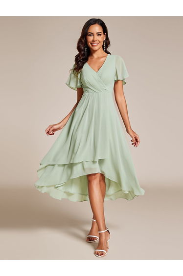 ever LARK|Ruffles Sleeve Pleated V-Neck A-Line Midi Chiffon Wedding Guest Dress
