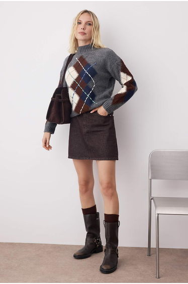 Dark Gray Diamond Patterned Soft Textured Knitwear Sweater