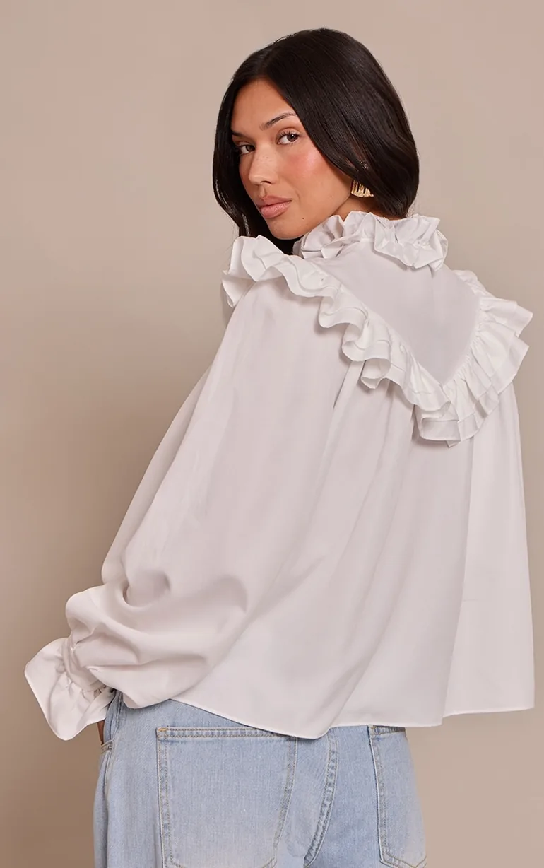 White High Neck Cotton Frill Detail Long Sleeve Shirt - 1