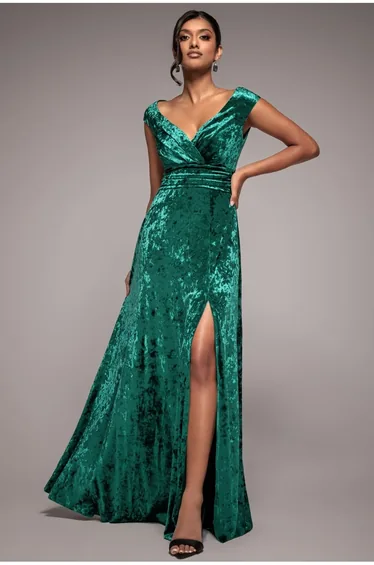 Goddiva Ice Velvet Bardot Wrap Maxi - Emerald