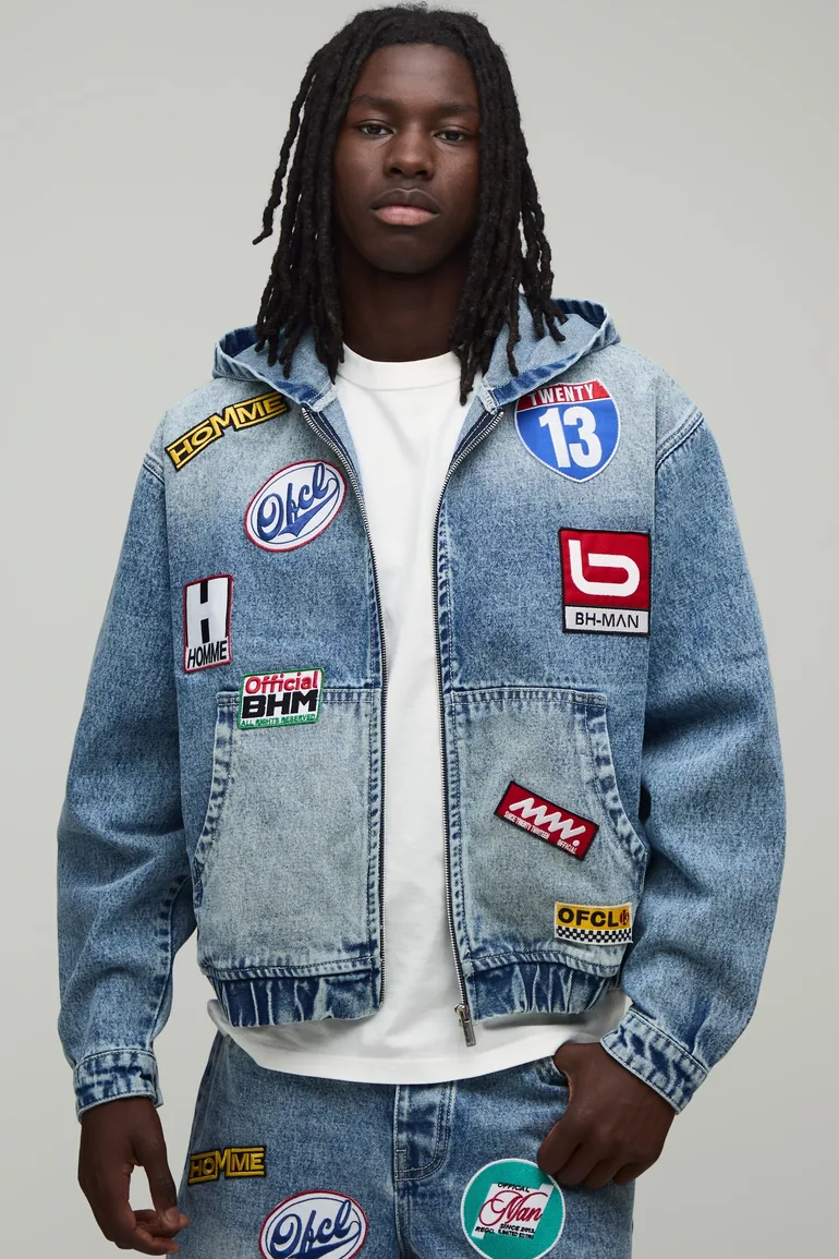 Moto Badge Boxy Denim Hoodie - light blue