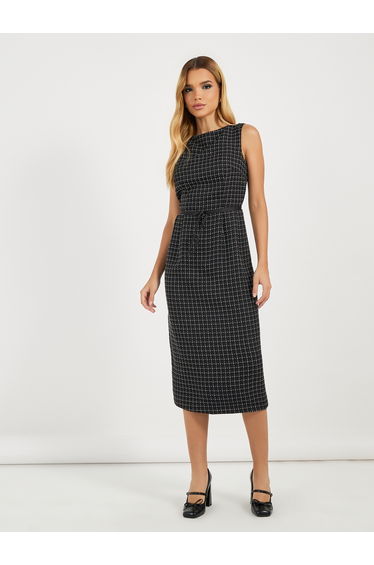 Checked Sleeveless Boat Neck Sheath Midi Dress