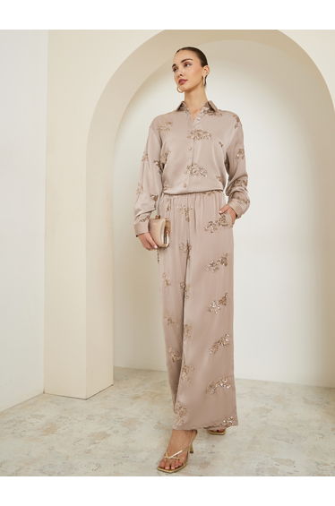 Women Beige Embellished Wide Leg Trousers