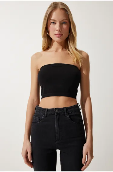 Women's Black Strapless Ribbed Knitted Bustier