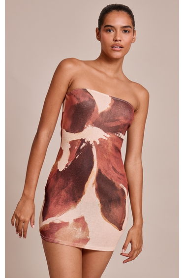 Chocolate Floral Abstract Printed Onion Skin Bandeau Mini Dress