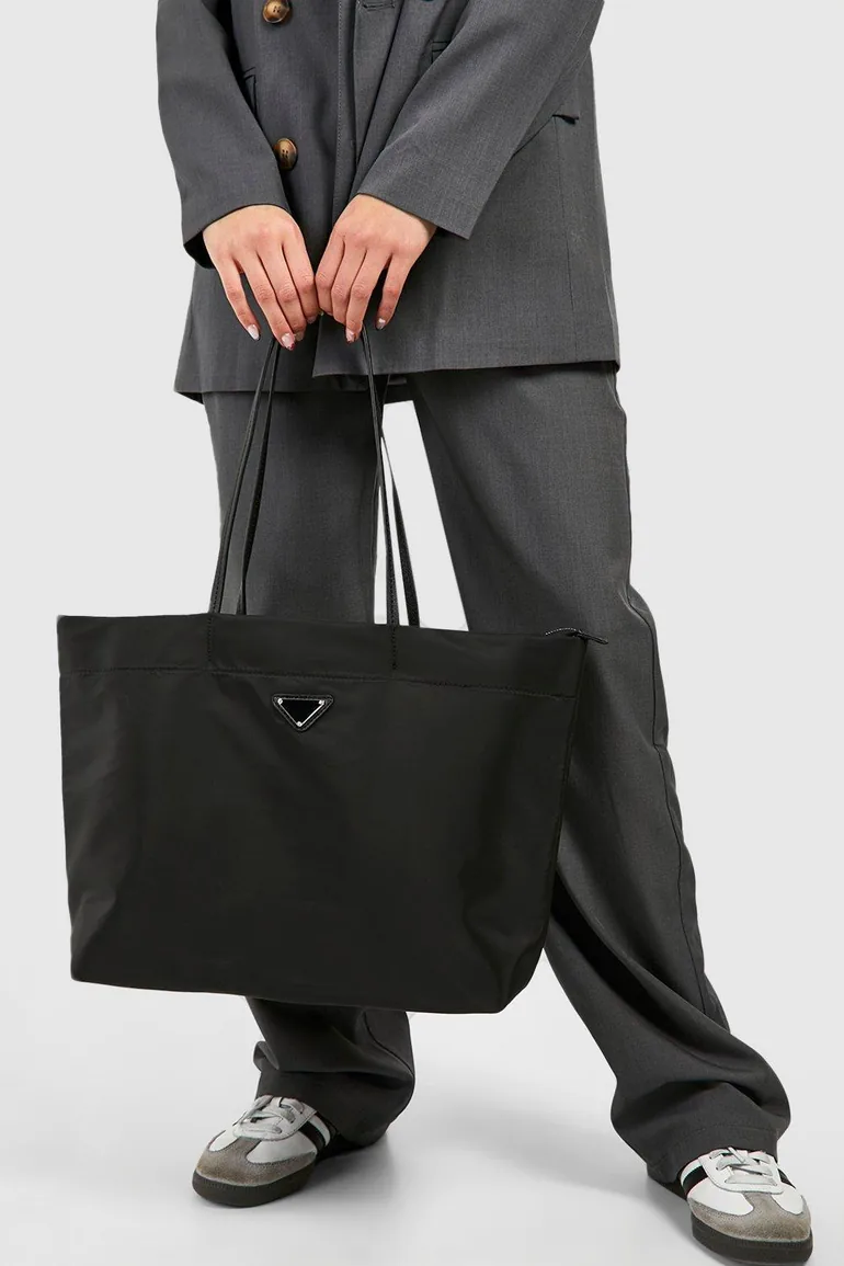 Nylon Basic Oversized Tote Bag - black - 1