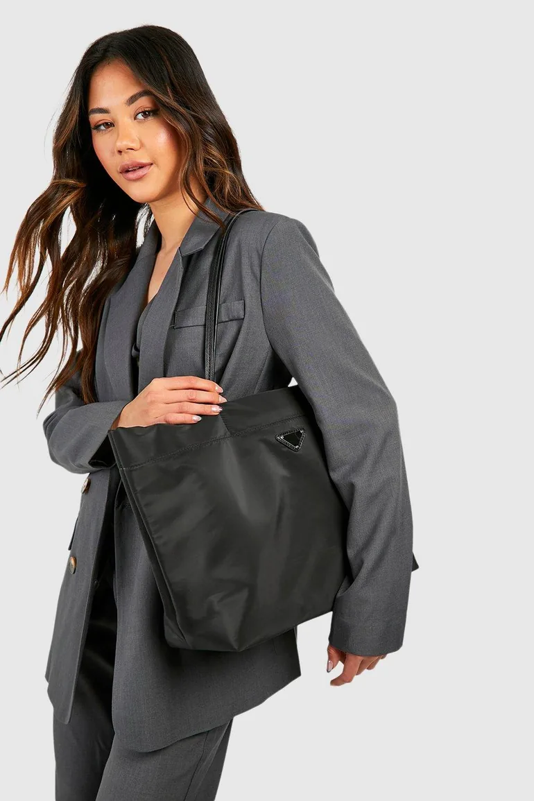 Nylon Basic Oversized Tote Bag - black