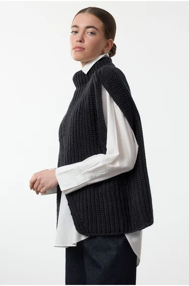 Anthracite Stand Collar Slit Knitted Sweater