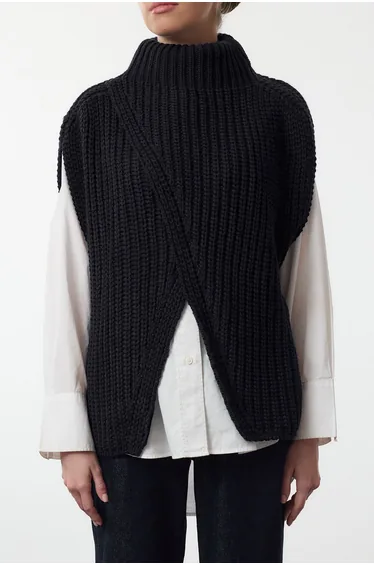 Anthracite Stand Collar Slit Knitted Sweater