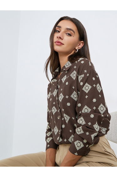 Brown Geometric Print Long Sleeve Shirt