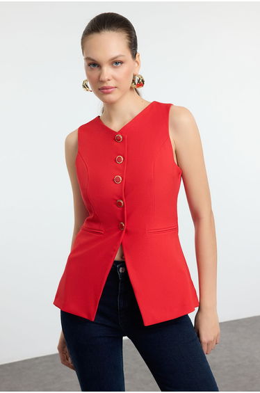 Red Fitted Round Collar Woven Vest