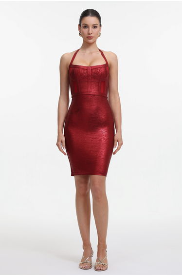 Halter Metallic Bandage Dress - Dark Red