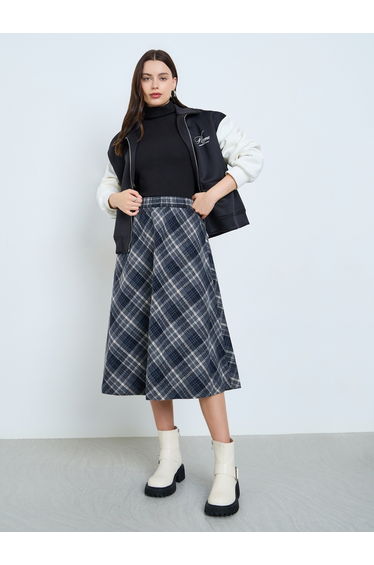 Checked Elastic Waistband A-Line Midi Skirt