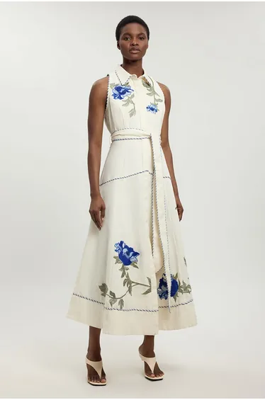 Petite Floral Applique Belted Midi Dress