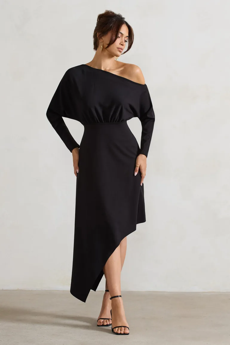 Shop Lori | Black Asymmetric Long-Sleeve Maxi Dress Online in Qatar