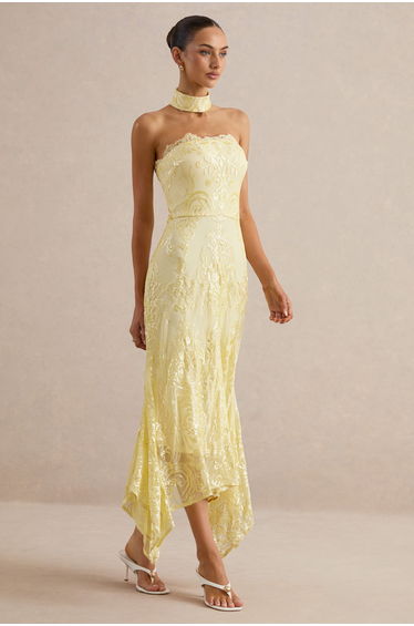 Galathea | Yellow Lace Bandeau-Neck Midi Dress With Collar Detail