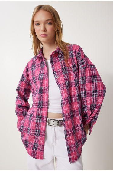 Women's Dark Pink Plaid Jacquard Raised Woven Shirt