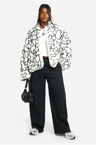 Plus Abstract Print Boxy Teddy Jacket