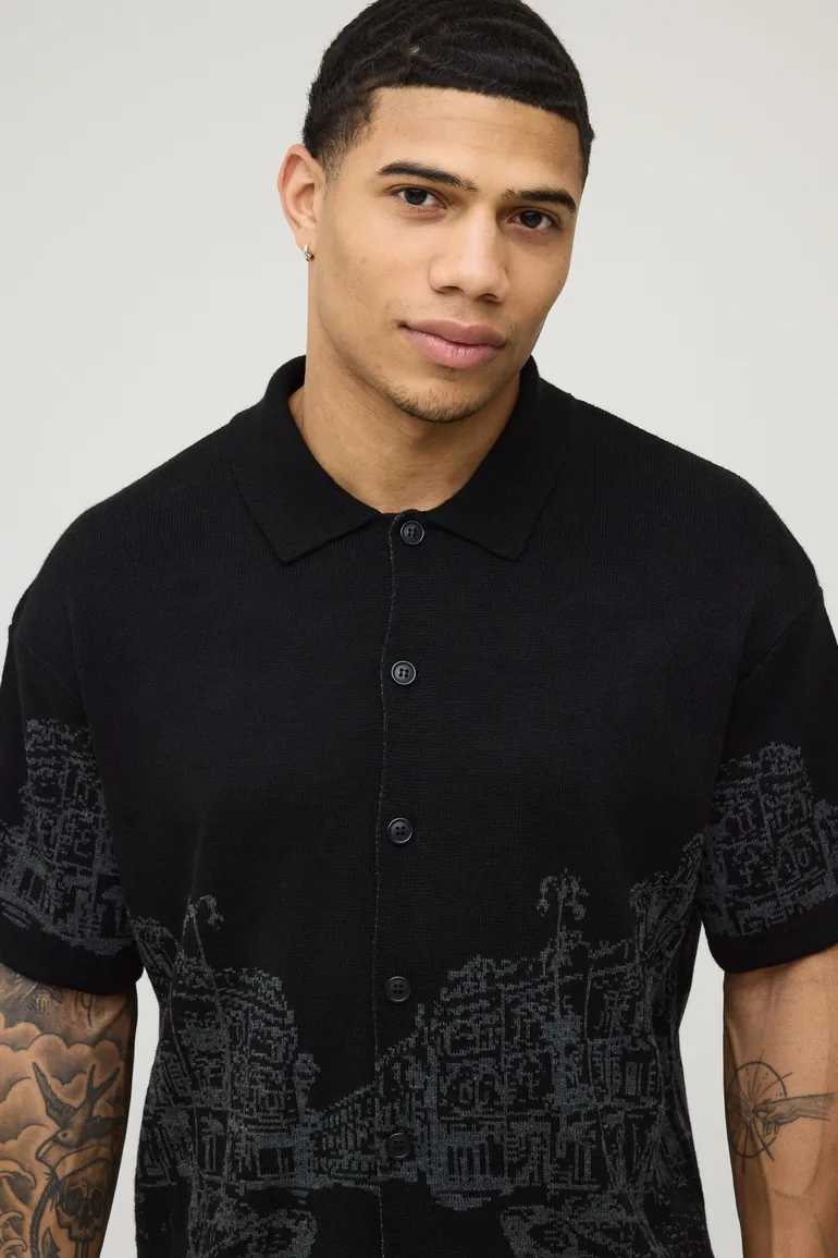 قميص محبوك بقصة عريضة - أسود - 1