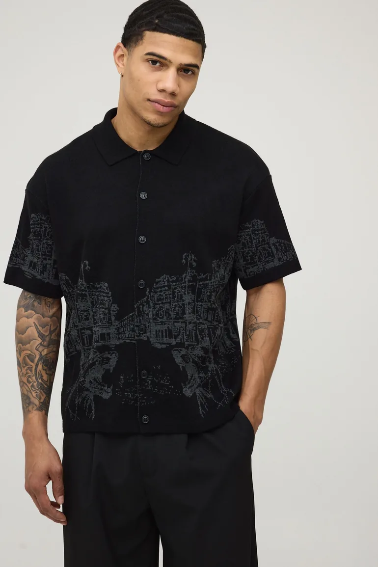 قميص محبوك بقصة عريضة - أسود