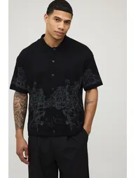 قميص محبوك بقصة عريضة - أسود