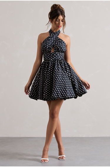 Levie | Navy Polka Dot Halter-Neck Mini Dress