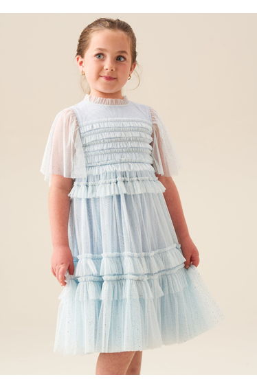 Xeni Ruffle Detail Mesh Dress - Blue