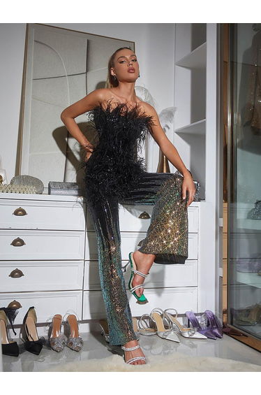 Shiva Ombre Feather Sequin Jumpsuit