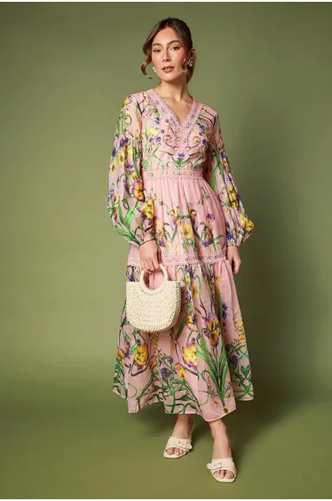 Printed V Neck Long Sleeve Organza Midaxi Dress