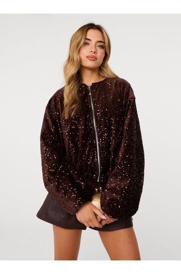 Velvet Sequin Puffball Zipper Jacket