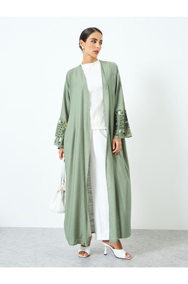 Women Green Embroidered Long Sleeve Abaya