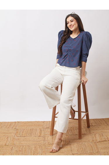 Women Blue Puff Sleeves Floral Embroidered Top