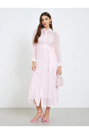 فستان ماكسي بشرائح دانتيل بحزام ربط - زهري