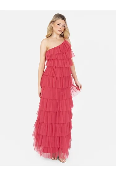 Anaya With Love Recycled Paradise Pink One Shoulder Tiered Ruffle Maxi Dress