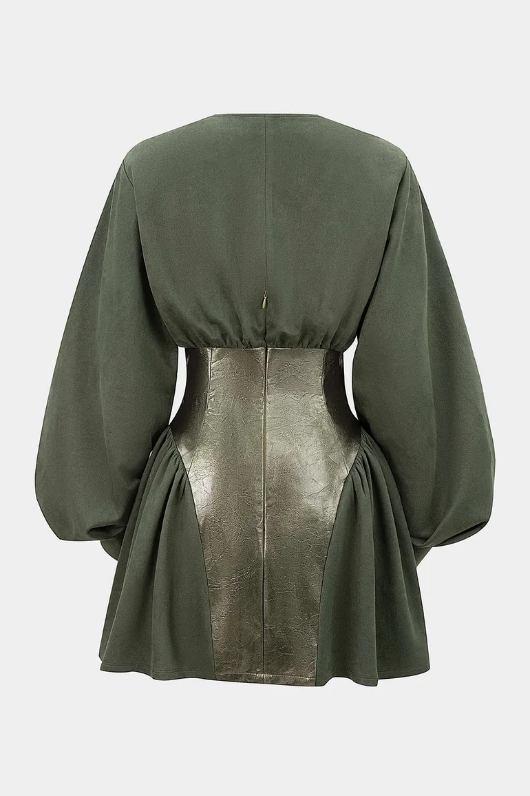 Faux Leather Patchwork Metallic Button Ruched Long Sleeve Mini Dress - 1