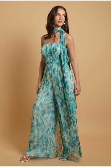 Corset Detail Pleated Mesh Jumpsuit