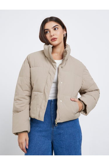 Women Beige Embellished Regular Fit Regular Length Padded Jacket