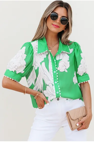 Lvness Green Floral Ric Rac Edge Puff Sleeve Button Up Summer Shirt