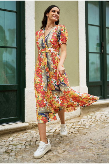 Yumi Multicolour Floral Patchwork Print Midi Shirt Dress