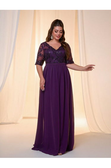 Leely Plus Women's Elegant V Neck Half Sleeve Party Dresses