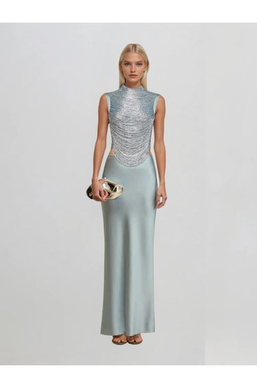 Xaldor High Neck Fringe Glitter Skirt Set In Baby Blue
