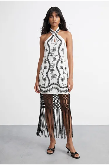 Embroidered Fringe Mini Dress